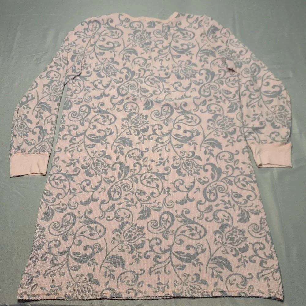 Charter Club Nightgown Women Medium Pink Grey Floral‎ Paisley Henley Waffle Knit